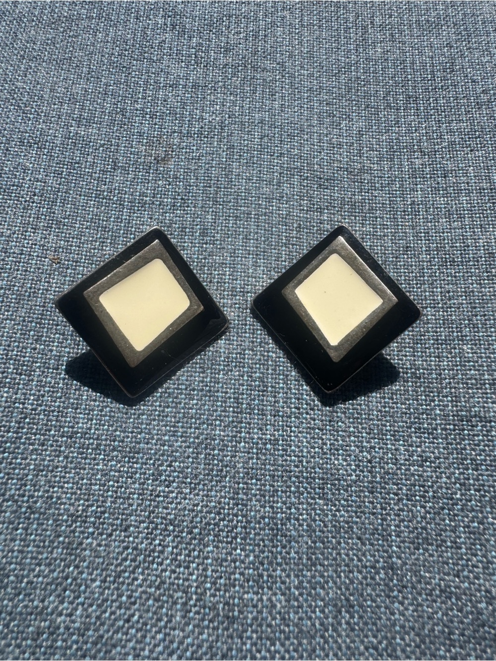 Vintage Black and Cream Square Clip-On Earrings